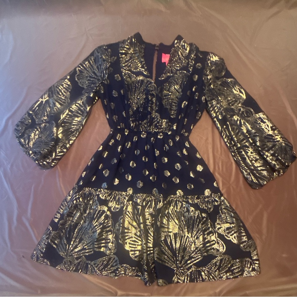 Lilly Pulitzer Joella Silk Mini Dress Long Sleeves Fit and Flare Metallic Size 2 - Picture 3 of 11